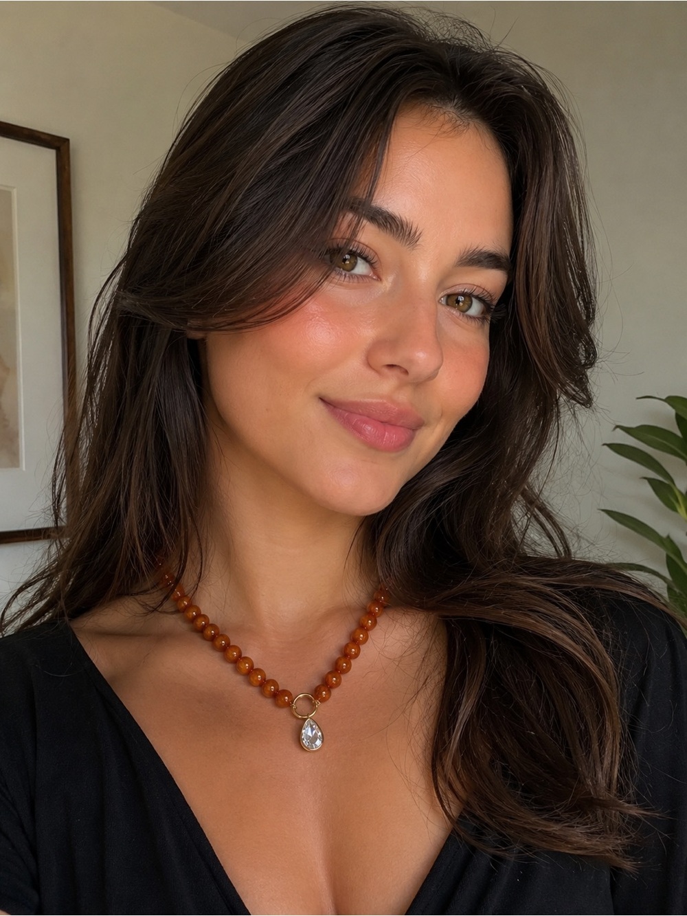 Mayamar Amber Color Bead Necklace with Teardrop Crystal Pendant